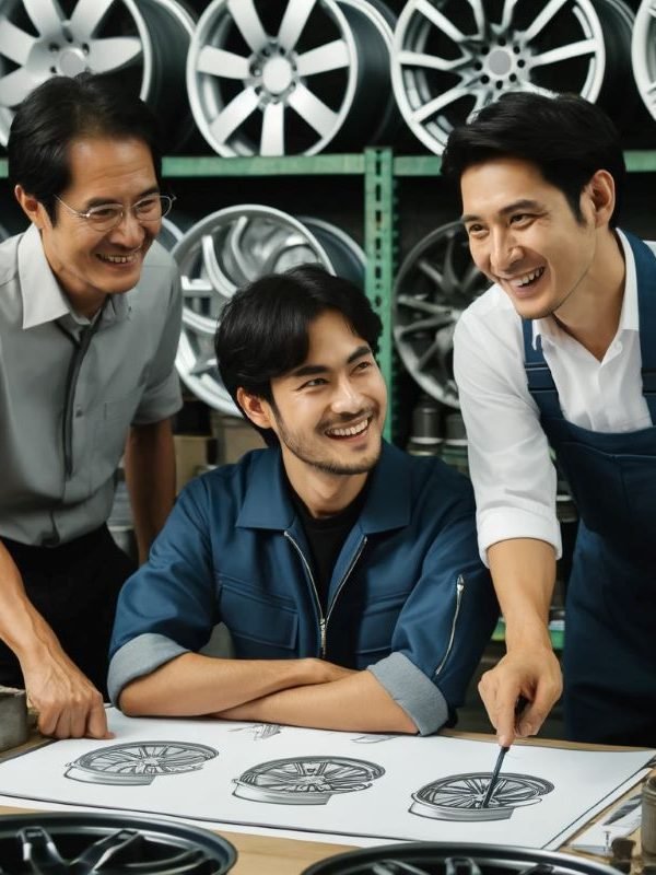 Three Asian technicians, discussing the design drawings of wheels